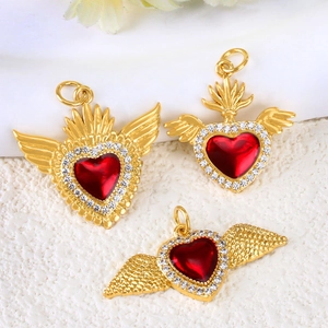 Vintage winged heart pendants with red rubies and gold plating for DIY jewelry making