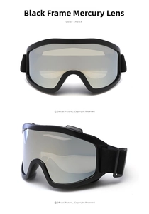 Detail view of ski goggles with black frame and silver mirrored lenses for outdoor sports