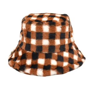 Close-up of thick faux fur texture and brown checkered pattern on warm winter bucket hat
