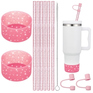 Silicone Straw Cup Accessories With Glitter Straw Covers Cup Boots And Cleaning Brush Dustproof Protective Reusable