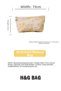Détail de la trousse de maquillage à fleurs avec dimensions 19cm x 8cm en toile beige