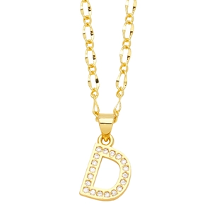 Gold plated letter D pendant necklace with micro-set zircons and Figaro chain
