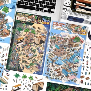 2.5D isometric deco stickers with island music festival and cloud cafe themes