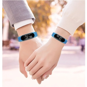 Waterproof LED digital sports watch with blue silicone strap for couples and kids