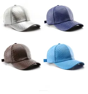Detailed close-up showing four snakeskin textured PU leather baseball caps in various colors