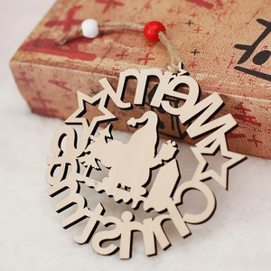 Merry Christmas wooden ornament with Santa silhouette and festive beads on cream fur