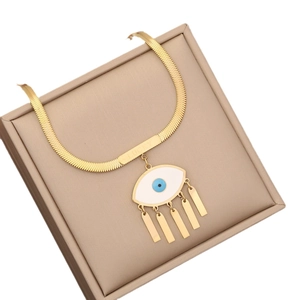 Golden snake chain necklace with blue devil eye pendant and Lucky engraving charm