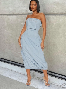 Vestito Midi In Denim Lavato Senza Spalline Da Donna Tasche Cargo Cerniera Posteriore Sexy Streetwear