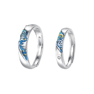 S925 sterling silver Van Gogh Starry Night couple rings with blue enamel art design