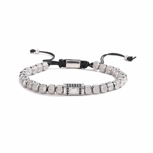 Men's retro skull bead bracelet with black woven cord and zircon rectangular charm