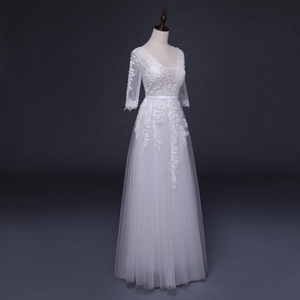 Elegant white A-line wedding dress with V-neck lace embroidery and medium sleeves