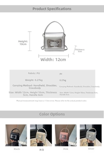 Detailed specifications of mini silver crossbody bag with size details and color options