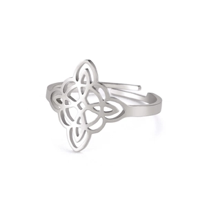 Double-layered hollow witch knot stainless steel open ring with adjustable silver band