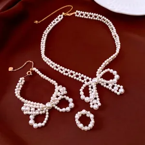Bowknot Artificial Pearl Necklace Bracelet And Ring Elegant French Retro Style White Imitation Artificial Pearl Copper Women Wedding Party Jewelry