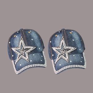 Navy blue denim baseball cap with rhinestone star pattern and distressed brim detail