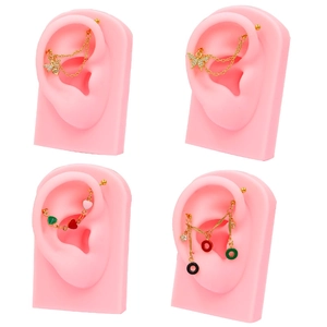 Golden ear cuff chain earrings with butterfly and bee zircon charms on ear models