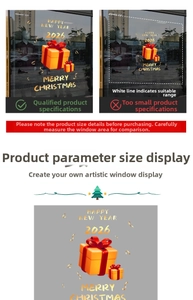 Detail showing Golden Happy New Year and Merry Christmas stickers with orange gift boxes