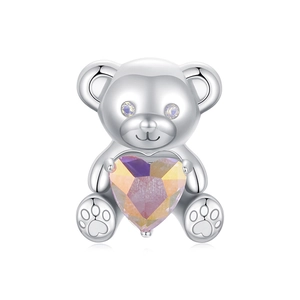 Abalorio de Oso de Peluche con Corazón Rosa de Plata de Ley 925 para Pulsera de Bricolaje Fabricación de Joyería Regalo Mujer San Valentín