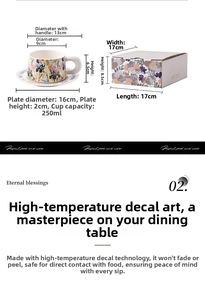 Floral ceramic coffee cup and saucer set with dimensions and gift box details