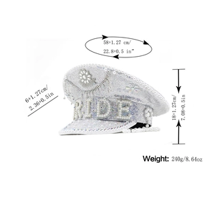 White bridal captain hat with sequins, pearls and BRIDE lettering for wedding parties