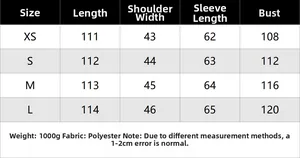 Size chart showing length and bust measurements for winter faux fur long coat