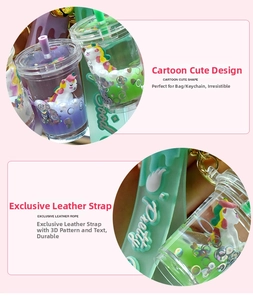 Detail view of cartoon unicorn liquid cup keychain with sequins and colorful soft strap