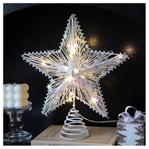 Close-up of lighted champagne sequin star tree topper with warm white LED on metal frame