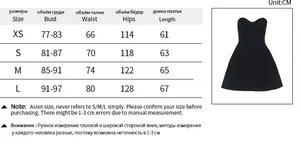 Size chart for strapless black backless dress showing measurements for XS to L sizes