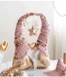 Detail of pink and gold Christmas gnomes with sequin hats and star heart pendants