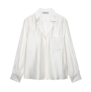 White linen blend long sleeve shirt with satin embroidery and classic lapel detail