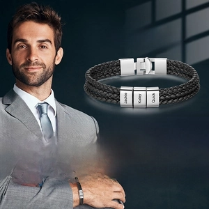 Customized men's triple-layer braided leather bracelet with stainless steel magnetic clasp