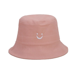 Pink kids sun hat with cute smile embroidery and wide brim for summer outdoor protection