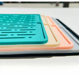 Close-up of colorful silicone kitchen mats showing thick ridged texture and heat-resistant material