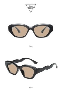 Detail of retro polygon black frame sunglasses with wavy temples and tea lenses