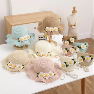 Kids woven straw sun hat and handbag set with daisy decor in 5 soft pastel colors