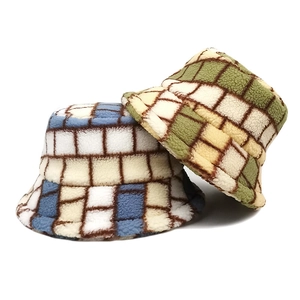 Faux Lamb Wool Bucket Hat Warm Retro Checkerboard Plaid Thickened Fleece Fisherman Hat For Women Fashion