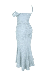 Detailed back view of light blue floral jacquard mermaid dress with pleated texture