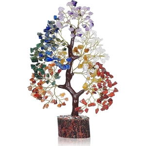 Handmade rainbow crystal money tree on wooden base for prosperity and home decor