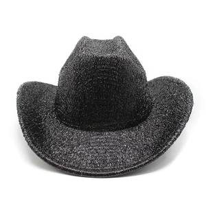 Front view of black western cowboy hat with glossy glitter finish and luxury texture