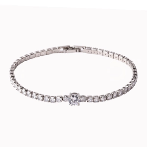 Detail of silver tennis bracelet with brilliant round cut cubic zirconia in a ring layout