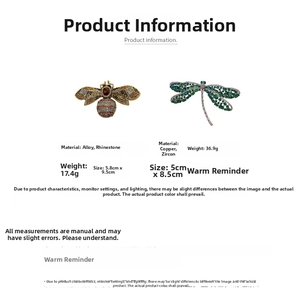 Size specifications for vintage bee rhinestone and dragonfly zircon brooches detail
