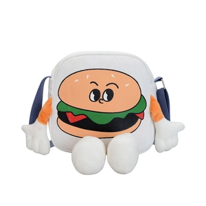 Funny canvas hamburger crossbody bag with plush 3D arms and adjustable blue strap