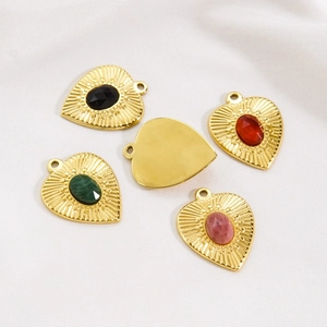 Set of 5 heart pendants with embossed texture and colorful stones in gold finish