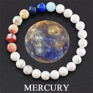 Detailed beads showing Mercury theme on planet stone bracelet with natural howlite