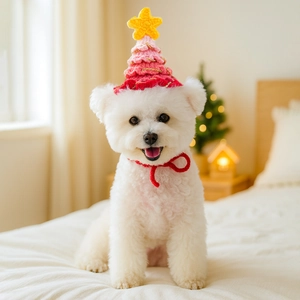 Close-up of a festive knitted Christmas tree hat for dogs in soft gradient pink wool