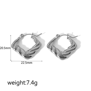 Silver square twisted hoop earrings featuring woven texture and dimensions 20.5x22.5mm