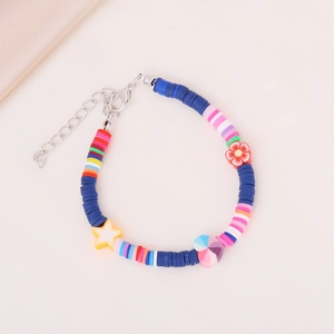 Colorful polymer clay beaded bracelet featuring star and heart charms with adjustable chain