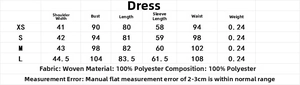 Size chart showing measurements for the loose chiffon mini dress with long sleeves