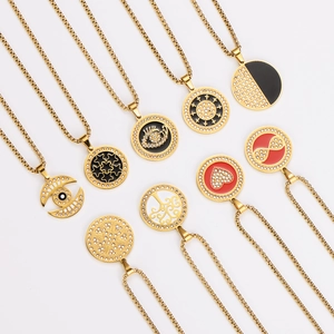 Stainless Steel Round Pendant Necklace Evil Eye Heart Tree Of Life Enamel Rhinestone Gold Plated Jewelry For Men Women