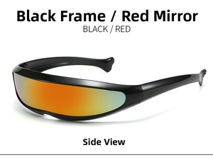 Side view of futuristic wrap sunglasses featuring black frame and red mercury lenses